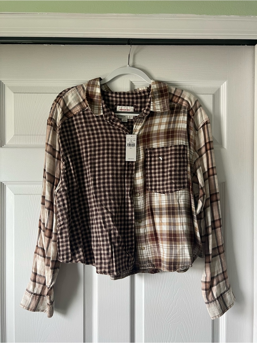 American Eagle Two-Tone Plaid Button-Up Shirt - Brown & Cream